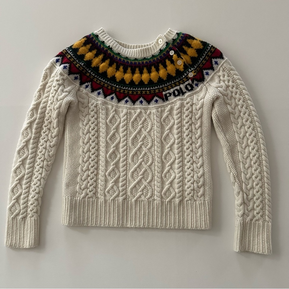 Polo Ralph Lauren Girls 7 Cream Cable Knit Sweater Fair Isle Holiday